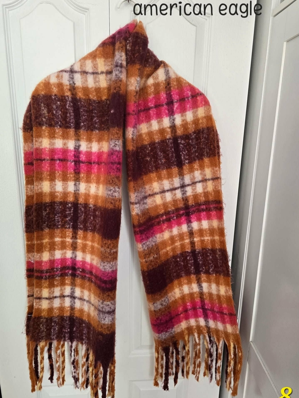 American Eagle Outfitters Plaid Fringe Scarf in Brown, Pink & Cream